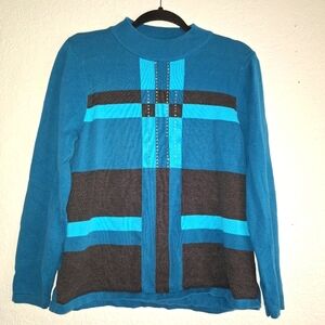 Allison Daley Turquoise & Black Pullover Rhinest Long Sleeve Sweater Size Small